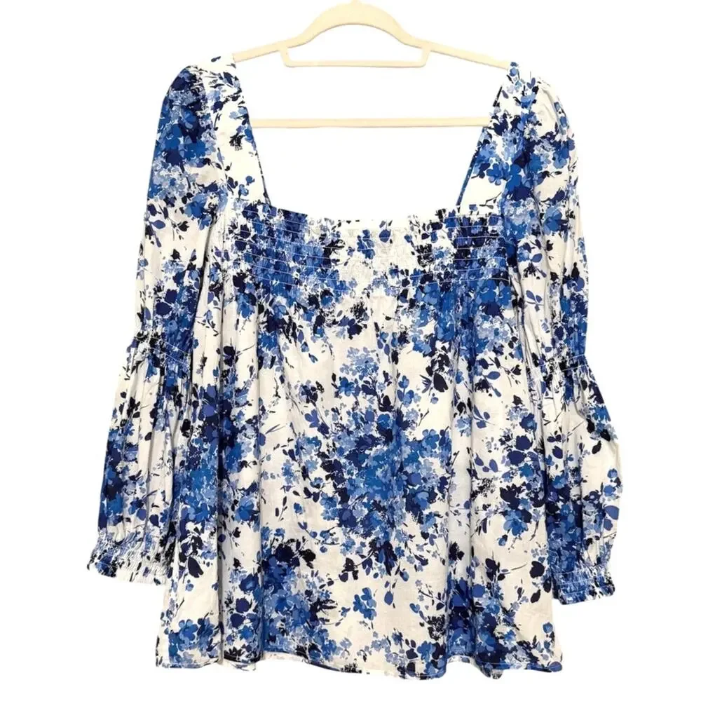 Tuckernuck Blue & White Floral Smocked Square-Neck Blouse